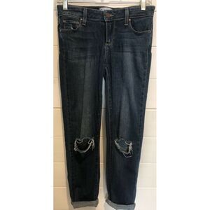 PAIGE DESTROYED SKYLINE CROP ROLL CUFF STRETCH DARK WASH JEANS SIZE 26